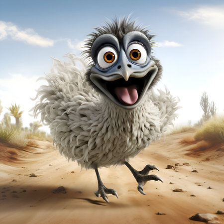 Funny ostrich in the desert. 3D illustration. Cartoon style.の素材