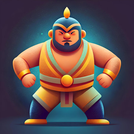 A bold and colorful illustration of a powerful wrestler in a yellow and blue costume. ready to face any challenge. Perfect for game design. social media. or any project needing a strong and energetic character.の素材
