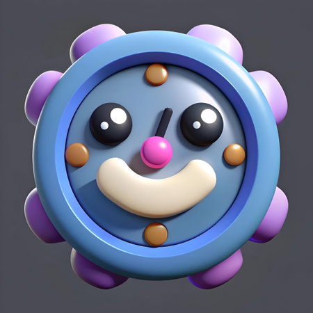 A cute 3D clock icon with a friendly smiling face. big eyes. and a playful design. Perfect for adding a cheerful touch to time related content.の素材