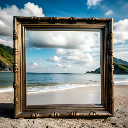 A classic wooden picture frame rests on a sandy beach. framing a stunning vista of the ocean and sky. The image evokes a sense of tranquility and possibility. ideal for travel. vacation. or inspirational concepts.の素材