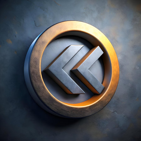 A striking metallic double arrow icon encased in a golden ring. The industrial design and textured background add a sense of strength and power. Perfect for tech. industrial. and finance applications.の素材
