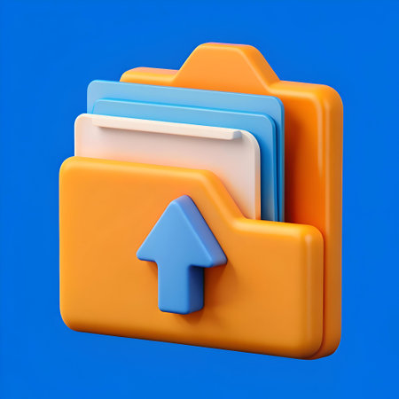 3D illustration of a cartoon folder icon with an upward arrow. perfect for representing uploading. data transfer. or cloud storage.の素材