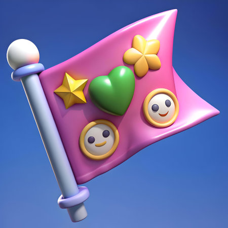 A cheerful. 3D cartoon flag waving in the breeze. adorned with a heart. a star. a flower and two smiling faces. Perfect for adding a touch of whimsy and fun to your designs.の素材