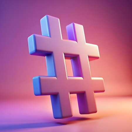 A vibrant. 3D rendered hashtag symbol in a soft pink color. illuminated by a colorful gradient backdrop. Ideal for social media. digital marketing. and online content.の素材