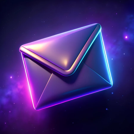 A futuristic 3D rendering of a glowing email icon against a cosmic backdrop. Perfect for tech. communication. and website designs.の素材