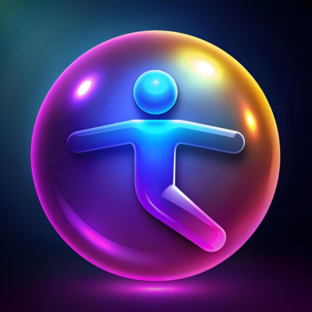 A vibrant and modern 3D icon depicting a stylized figure in a pilates pose. enclosed in a glowing iridescent sphere. Ideal for fitness apps. websites. and marketing materials.の素材