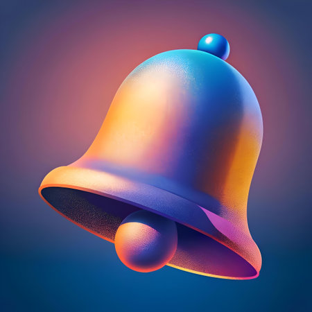 A vibrant 3D bell icon with a textured. iridescent finish. Perfect for notifications. alerts. and UI design.の素材
