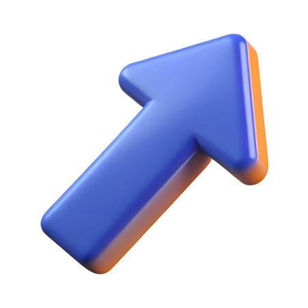 A vibrant 3D arrow pointing diagonally upwards. rendered in a glossy blue with a subtle orange highlight. Perfect for representing growth. progress. or navigation in web design. presentations. and apps.の素材