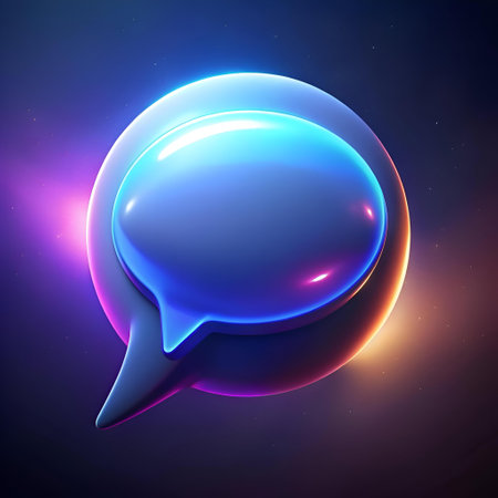 A futuristic and sleek 3D rendering of a speech bubble. glowing in neon blue and purple hues. Perfect for web design. app interfaces. and social media.の素材
