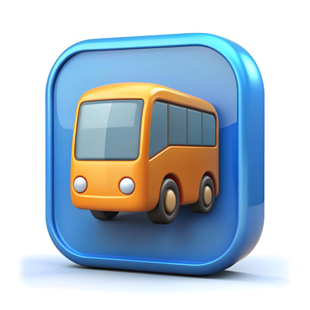 Cute cartoon bus icon in a blue square. perfect for apps. websites. or children's projects.の素材