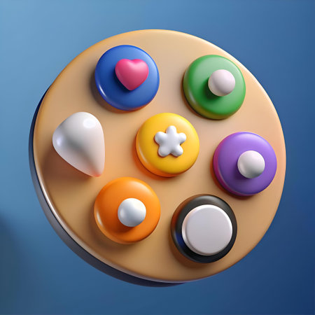 Colorful 3D buttons with various shapes and textures arranged on a circular wooden platform. perfect for playful and modern designs.の素材