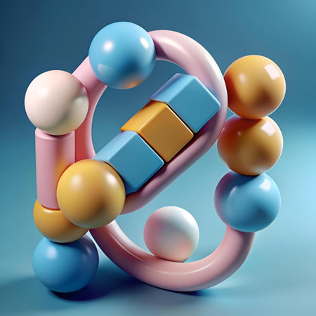 Abstract 3D composition of colorful spheres and cubes on a pastel blue background. Perfect for design projects. presentations. or as a playful and modern visual element.の素材