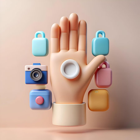 A playful 3D illustration of a cartoon hand with various icons hovering around it. representing social media. photography. and online communication. Perfect for promoting online platforms. social media campaigns. or digital services.の素材
