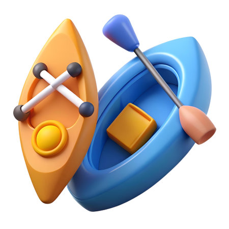 A playful 3D illustration of a yellow kayak with a blue paddle inside a blue canoe. Perfect for representing summer. adventure. and leisure activities.の素材