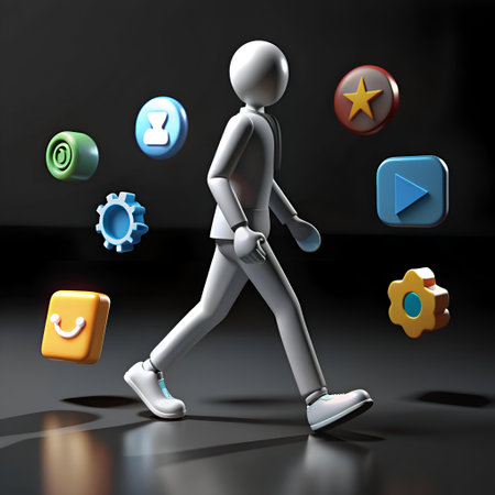 A 3D cartoon character walking towards various colorful app icons. representing digital interaction and technology. Perfect for social media. websites. and mobile apps.の素材
