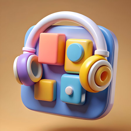 Colorful 3D icon of a phone with headphones. perfect for representing mobile apps. audio streaming. and communication.の素材