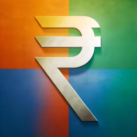 A 3D metallic rupee symbol. rendered with a textured finish. is placed on a vibrant. colorful background. The symbol is a powerful and eye catching representation of Indian currency and economic growth.の素材