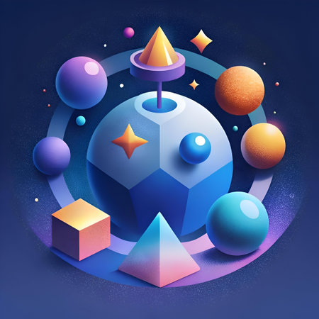 Vibrant. 3D geometric icons. perfect for presentations. websites. and app design. This set includes a unique collection of colorful spheres. pyramids. and stars. ideal for representing concepts like space. data. and technology.の素材