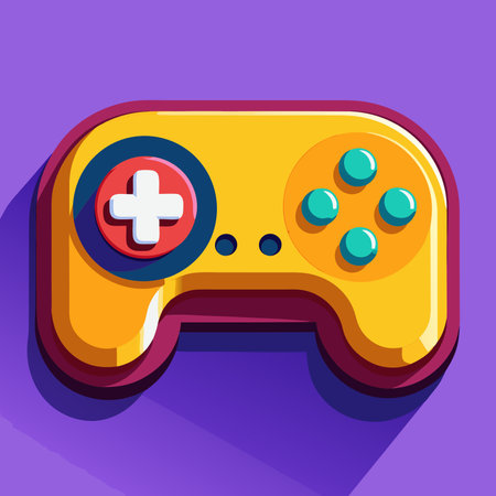 A bright yellow game controller with red. blue. and green buttons. isolated against a purple background. Perfect for gaming or technology related content.のイラスト素材