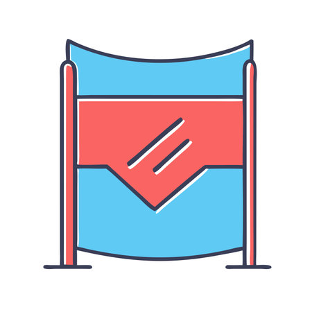 A simple. colorful illustration of a finish line with two posts and a blue and red flag. This icon is perfect for representing achievement. competition. or progress.のイラスト素材