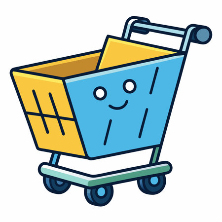 A cheerful cartoon shopping cart with a smiling face. perfect for adding a playful touch to your designs related to retail. shopping. or online stores.のイラスト素材