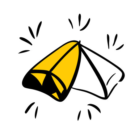 A simple. hand drawn illustration of a tent with a yellow color fill and black outline. Perfect for representing camping. adventure. and outdoor activities.のイラスト素材