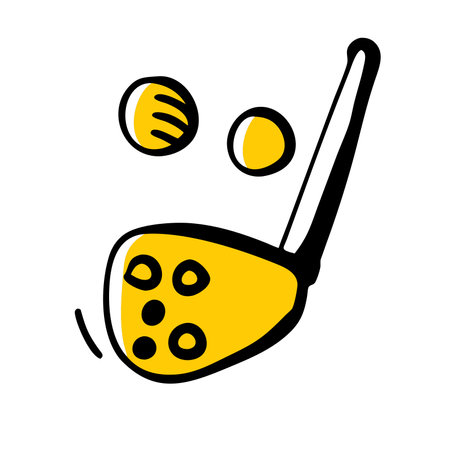 A playful doodle of a golf club with two balls. The yellow and black color scheme adds a sense of energy and fun. making it perfect for kids books. websites. or sports themed designs.のイラスト素材