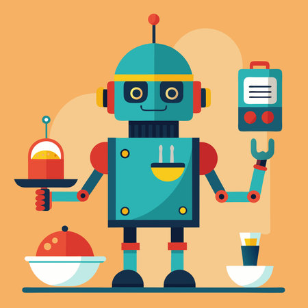 A friendly robot waiter holds a tray with a dish. serving food in a modern kitchen.のイラスト素材