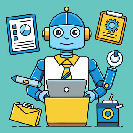 Friendly cartoon robot in a business suit working on a laptop. Perfect for illustrating AI. automation. and digital work.のイラスト素材