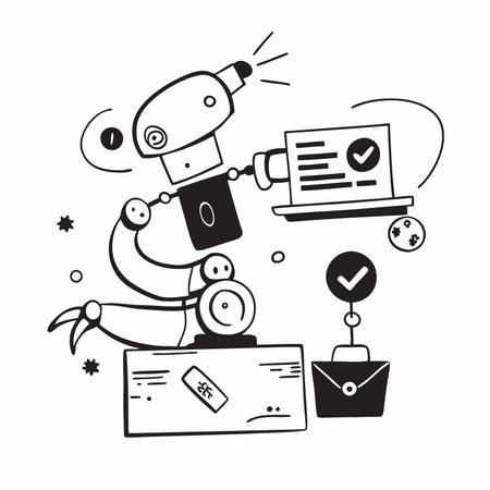 A whimsical illustration of a robot delivering a package. complete with a checklist. a checkmark. and a briefcase. Perfect for representing automation. efficiency. and successful delivery.のイラスト素材