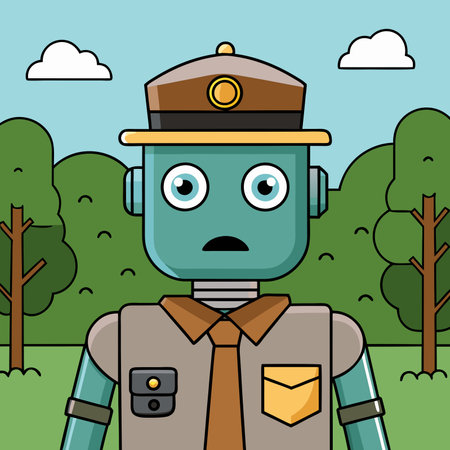 A friendly cartoon robot wearing a ranger uniform. complete with a hat and tie. The robot stands in a park setting with green trees and a blue sky. Perfect for concepts of AI. technology. and nature.のイラスト素材