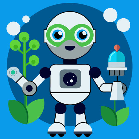 A friendly robot with big eyes and a smile stands amidst green plants. holding a futuristic device. Perfect for illustrating technology. innovation. AI. or nature.のイラスト素材