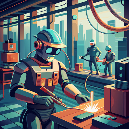 A futuristic factory setting with a robot welding a metallic component. Other robots observe the process in a sleek. modern environment.のイラスト素材