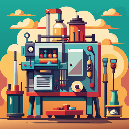 A whimsical. cartoon style illustration of a complex machine with various dials. levers. and containers. Its set against a sunset sky with clouds. Perfect for illustrating concepts related to technology. innovation. or automated processes.のイラスト素材