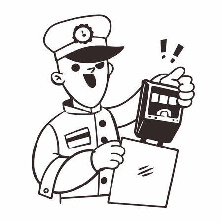 A cartoon illustration of a police officer with a surprised expression. pointing to a vintage style parking meter. The officers excited gesture suggests the importance of paying for parking. potentially used for parking enforcement or awareness campaigns.のイラスト素材