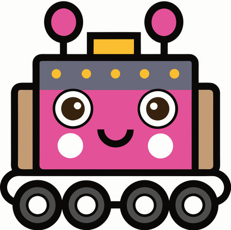 Cute. cartoon style robot with big eyes and a friendly smile. Perfect for childrens books. educational materials. or branding projects.のイラスト素材