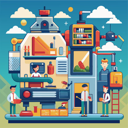 A colorful illustration depicting a complex and busy industrial factory.  Several workers collaborate around a large machine with intricate details and moving parts. suggesting the concept of teamwork and technological innovation.のイラスト素材