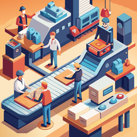 A vibrant isometric illustration depicting an automated packaging line with workers in a warehouse. Ideal for concepts related to logistics. manufacturing. and modern industrial processes.のイラスト素材