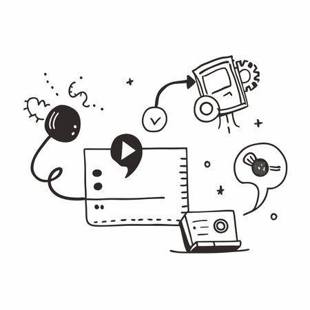 A playful hand drawn illustration depicting a laptop with a play button. connected to a cogwheel. a check mark. and two funny flying robots. Ideal for presentations. websites. and educational materials about technology and automation.のイラスト素材