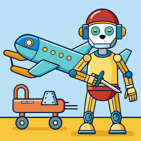 A friendly cartoon robot holding a toy airplane and standing next to a toy car.  Perfect for childrens books. educational materials. and app icons.のイラスト素材
