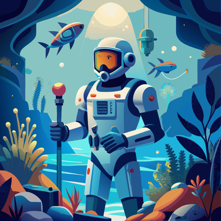 An astronaut stands in a fantastical underwater landscape. holding a glowing staff. Surrounded by vibrant coral and otherworldly fish. this illustration evokes a sense of wonder and exploration.のイラスト素材