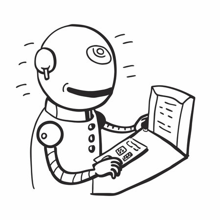 A simple. cartoon robot with one large eye works on a computer.  The robot appears friendly and approachable. making it perfect for illustrating topics related to AI and technology.のイラスト素材