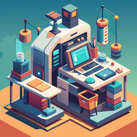 A futuristic workstation with a sleek white computer. monitor. and keyboard. complete with various tech gadgets and office supplies. This isometric illustration is perfect for visualizing modern workplaces and technology.のイラスト素材