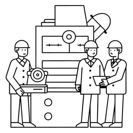Three engineers in hardhats working on a large industrial machine. This line art illustration represents teamwork. innovation. and industrial progress.のイラスト素材