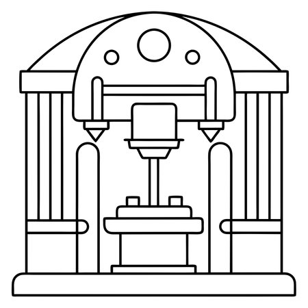 A simple line drawing illustration of a futuristic machine with a dome like structure. The machine has a central platform with two smaller platforms on either side. It appears to be a device for manufacturing or processing.のイラスト素材