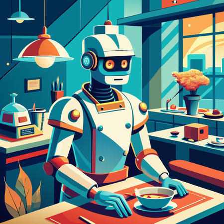 A stylized illustration of a robot waiter serving a cup of tea in a futuristic cafe setting. The vibrant colors and geometric shapes create a playful and modern aesthetic.のイラスト素材