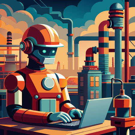 A futuristic robot in a construction helmet sits at a desk. working on a laptop against a backdrop of industrial pipes and machinery. The robots design is sleek and modern. representing the potential of AI in automation and industry.のイラスト素材
