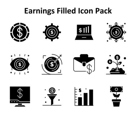 Set of 12 vector icons designed in a clean Solid Filled style. Inspired by Earnings, perfect for UI/UX design.のイラスト素材