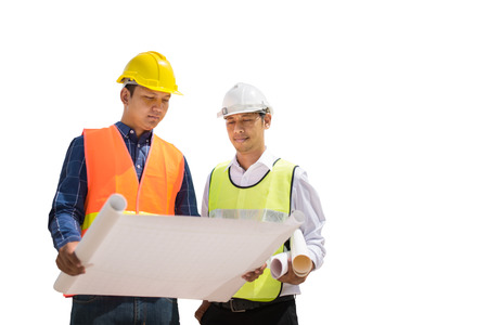two construction engineer working in construction site on white backgroung, save pahts.の写真素材