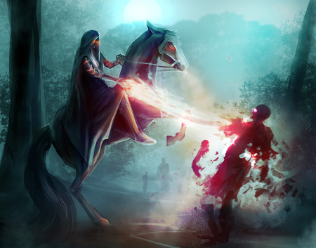 Fantasy horseman sorcery. Fantasy horseman in a hood fighting zombies in dark woods with sorcery and magic.の写真素材